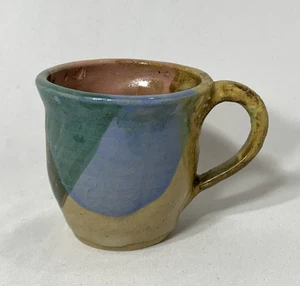 Studio Art Clay Pottery Cup Mug Colorblock Green Pink Signed - Picture 1 of 9
