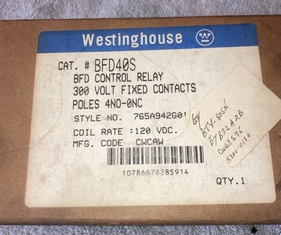 RELÉ DE CONTROL WESTINGHOUSE BFD40S 765A942G01 BFD NUEVO EN CAJA 4 POLOS, BOBINA 120VDC Foto 1 de 3