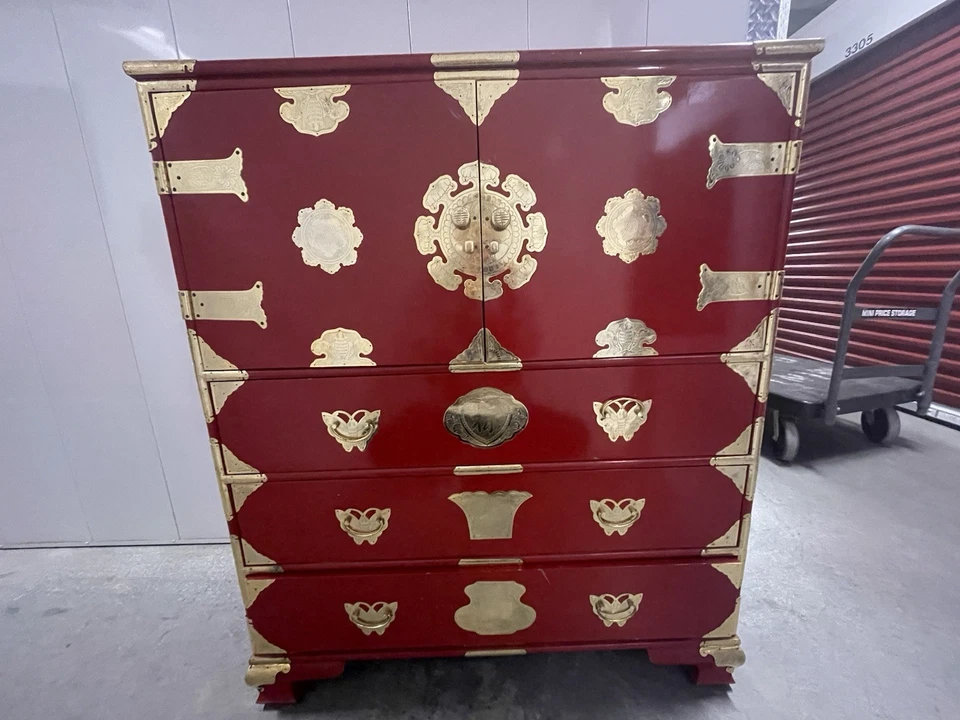 1950s Chinese Wedding Cabinet, Red Lacquer With Gold Plating/hinges - Image 1 of 3