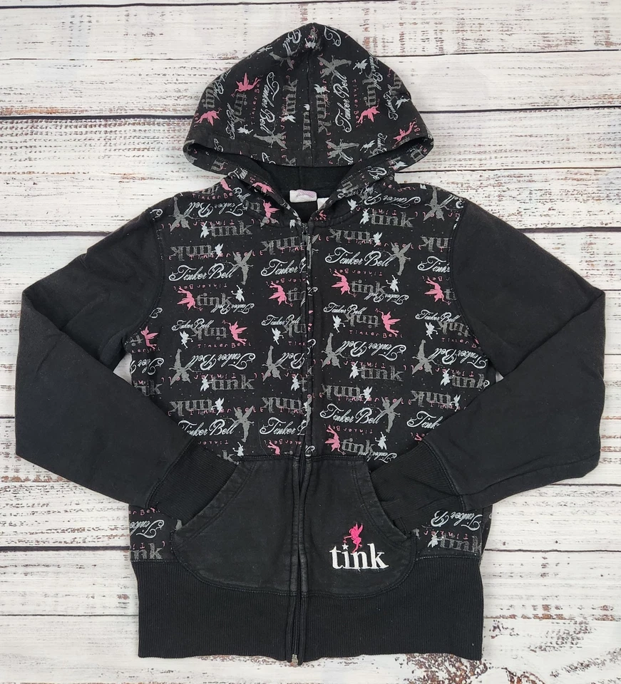 Y2K Disney Tinker Bell Zip Up Hoodie Juniors M Black Fairy Emo Skater Scene - Image 1 of 4