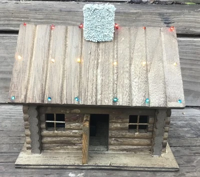 MINIATURE RED WHITE BLUE  WOOD CABIN WITH FLASHING LIGHTS-VIDEO - Image 1 of 4