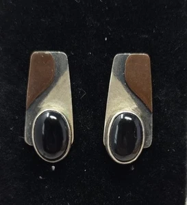PD Sterling Silver & Copper Pierced Earrings With-Black Onyx Stone Vintage  - Picture 1 of 9