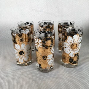 6er Set Vintage MCM George Briard Signierte Trinkgläser Gold Weiß Schwarz Floral - Bild 1 von 10