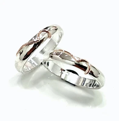 COPPIA FEDI FEDINE IN ARGENTO  CON CUORE IN ORO A FILO FIDANZAMENTO MATRIMONIO - Immagine 1 di 4