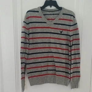 Men medium American Eagle sweater gray red blue stripes - Picture 1 of 1