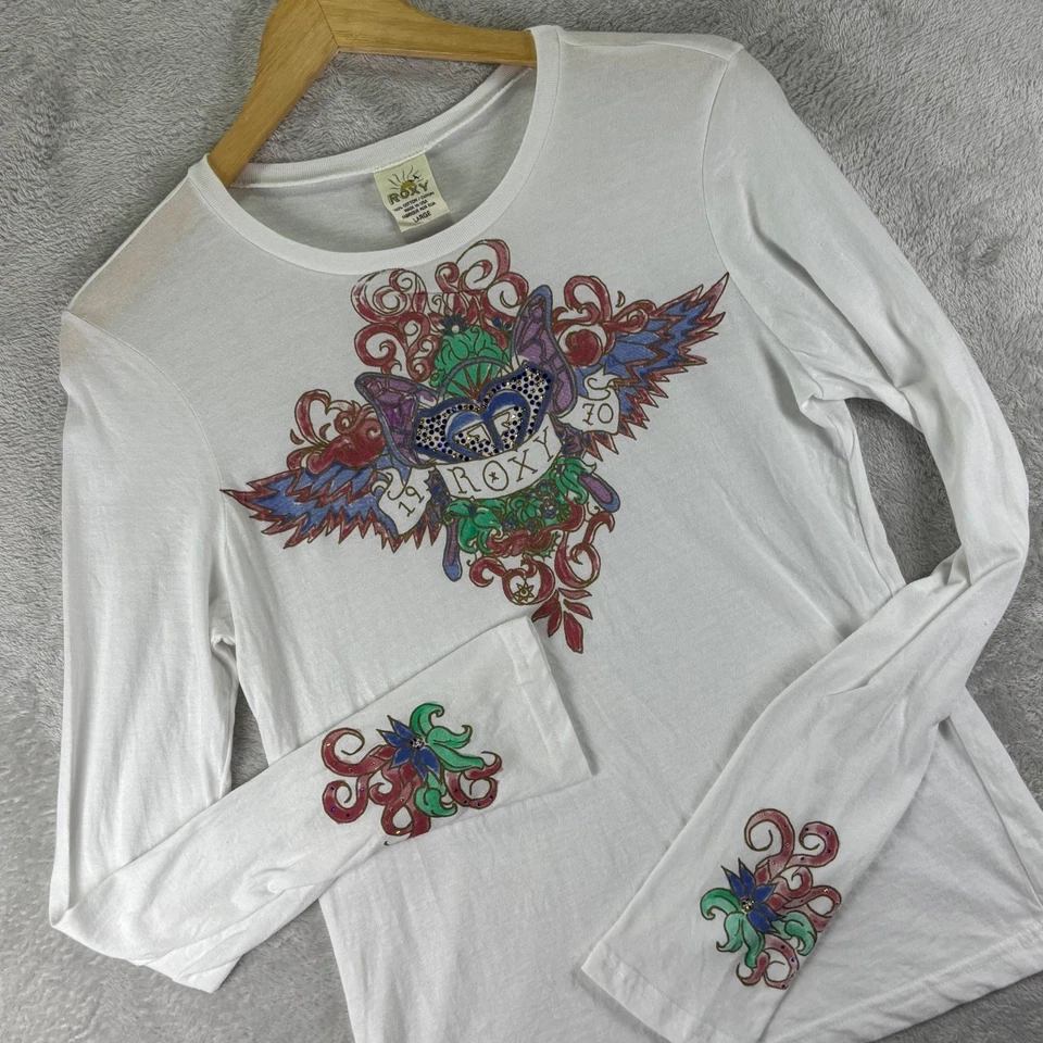 Vtg Roxy Women's White Graphic Long Sleeve Tattoo Tee Rhinestone USA Y2K Sz L - Image 1 of 4