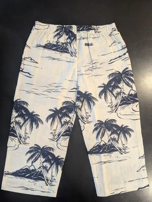 Chico's Linen 100% Capri Tropical Beach Palms Maritime White Blue Women Medium 1 Foto 1 de 4