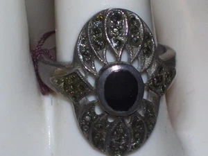 Vintage Sterling Marcasite"Onyx" Ring Approx. Size 6 - Picture 1 of 1