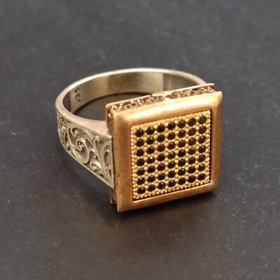 Anillo De Colección Para Hombre Plata 925 Negro Cuarzo Bronce 12 Art Deco Renacimiento Cuadrado Brillante Foto 1 de 4