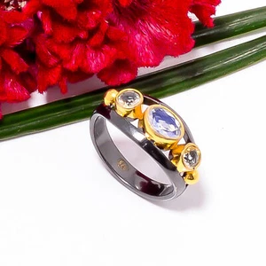 White Topaz Gemstone Black And Gold Plated 925 Sterling Silver Ring s.8 Sku44 - Picture 1 of 2