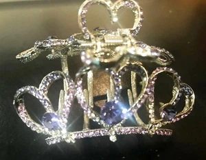 New Silver With Violet Triple Heart Crystal & Rhinestone 3'' Hair Claw Clip - Picture 1 of 4