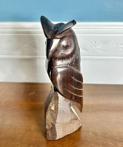 Vintage Horned Owl Carved Wood Bird Dense Wood Statue on Perch 7.25" - Picture 1 of 8
