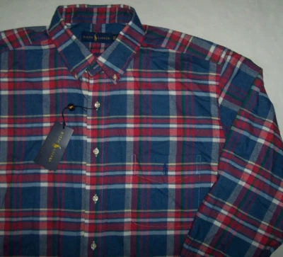 NWT Ralph Lauren BLUE/RED/GREEN/WHITE PLAID Stretch Flannel Shirt XLT POLO PONY - Image 1 of 4
