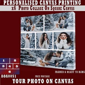 Customised Photo On Canvas Print, x6 Collage SQUARE Framed Personalised picture - Picture 1 of 18