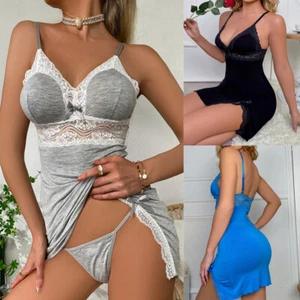 Women Lingerie Lace Chemise Cotton Blend Nightie Babydoll V-Neck Dress Sleepwear - Picture 1 of 19