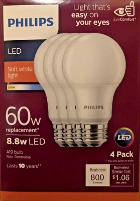 4 Bulbs Philips A19 E26 LED Bulb Soft White 8.8W LED 60 Watt Volume discount !!! - Image 1 of 4