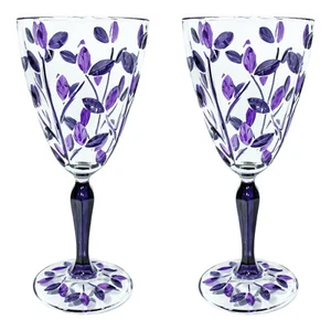 Pair of Murano Wine Glasses Purple Hand Painted Dark Stem - Picture 1 of 3
