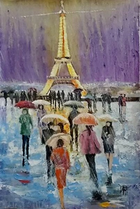 YARY DLUHOS Paris France Eiffel Tower Rain People Umbrella Original Oil Painting - Picture 1 of 19