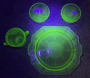 Uranium Green Glass Plate 12” Princess Pattern w/ Tea Cup & Sundae Dishes (4pcs) - Picture 1 of 12