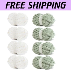 Cozy Super Bulky Chenille Yarn - 8 oz Skeins, 4 White & 4 Sage Green - Easy Care - Picture 1 of 11
