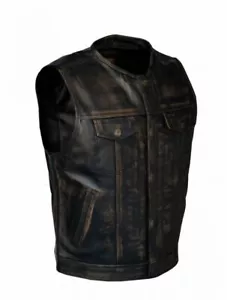 Men's Distressed Brown Leather Motorcycle Club Vest - free shipping - Foto 1 di 5