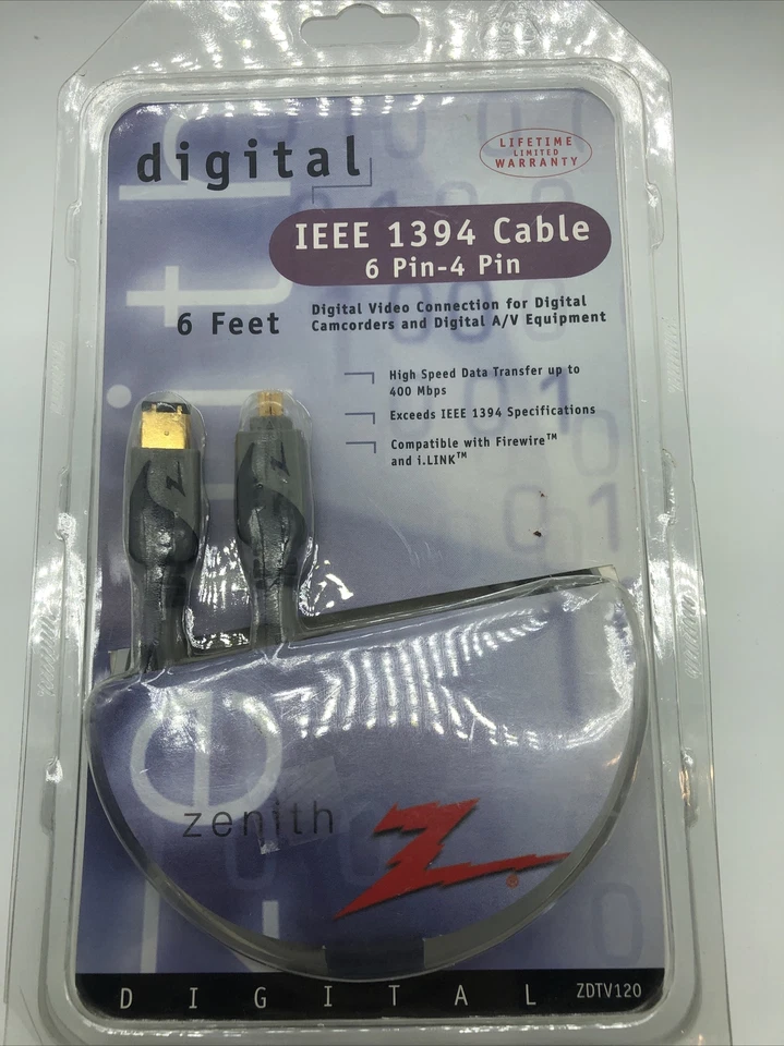 NEW ZENITH 6 Pin-4 Pin 6 ft Digital IEEE 1394 FireWire iLink Cables ZDTV120 - Image 1 of 4
