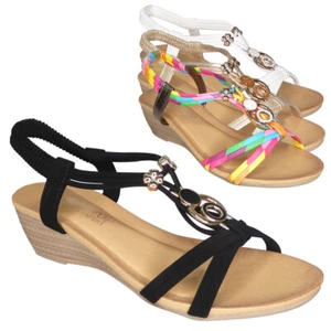 Sandalias acolchadas con cuñas para dama Zapatos con cordones para mujer Tallas elásticas cómodas ligeras - Imagen 1 de 13