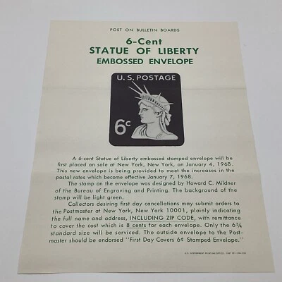 1968 6 Cent Statue Of Liberty Embossed Envelope FDC U.S. Postage Bulletin Ad - Image 1 of 4