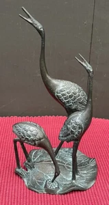 Bronze Crane Sculpture Figurine Of 3 Cranes Herons Egrets on Lily Pad Korea VTG - Picture 1 of 11