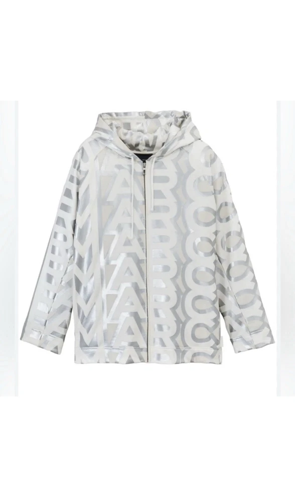 Sudadera con Capucha Marc Jacobs Monograma Cremallera | Plateada/Blanca Talla M/L. Nuevo con etiquetas puestas. Foto 1 de 4