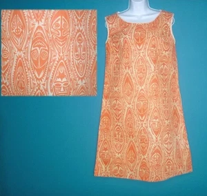 Vestido De Colección Años 60 MOD Papel Naranja Amarillo Caras TI 100% Rayón Talla S/M - Imagen 1 de 16