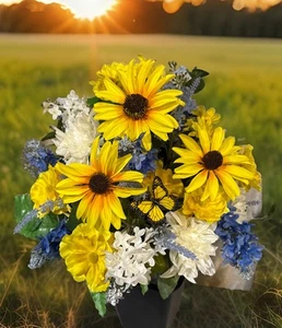 Cemetery Memorial Artificial Flower Arrangement Grave Vase Blue Yellow - Picture 1 of 4