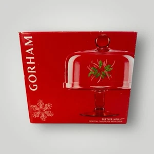 Gorham Festive Holly Pedestal Cake Plate with 9" Dome Hand Cut/Hand Painted - Picture 1 of 15