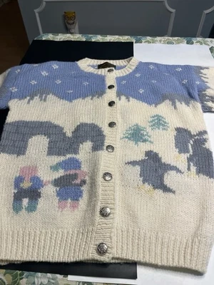 Cárdigan Suéter Eddie Bauer 100% Lana Años 90 De Colección Pequeños Pingüinos Muñeco de Nieve Árboles Foto 1 de 4