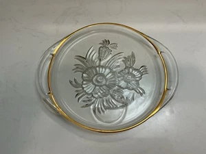 JEANNETTE CAMELLIA FLORAL GLASS SNACK PLATE 10” GOLD TRIM CLEAR HANDLES REPLACE - Picture 1 of 10