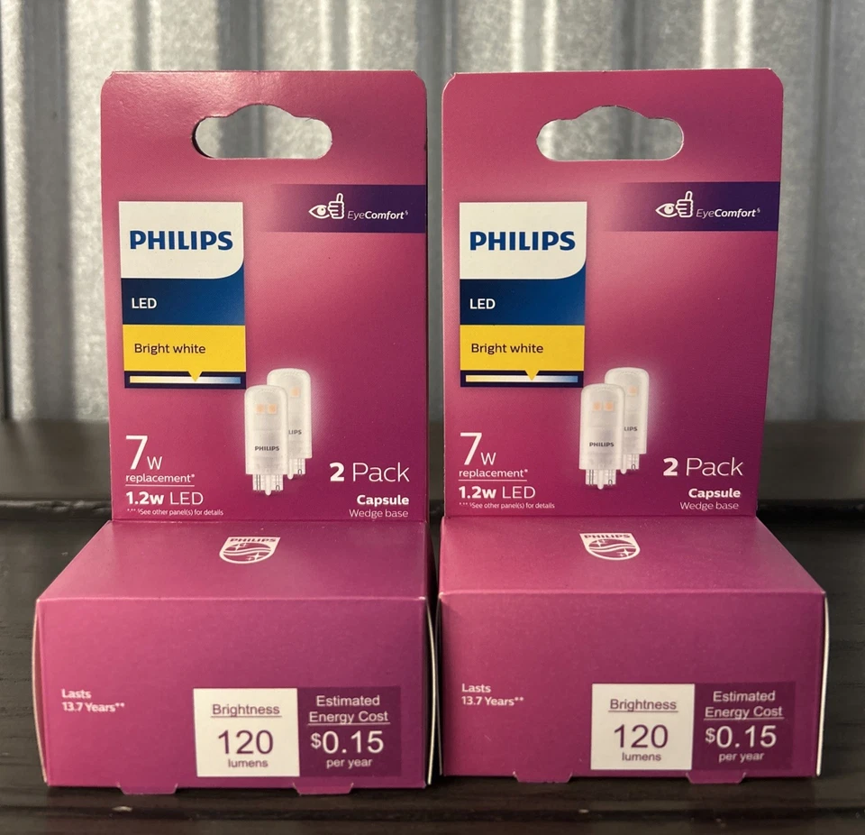 (4 PACKS of 2 8) Philips 7W Wedge Base Capsule 1.2W Bright White LED Light Bulbs
