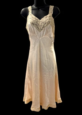 Fischer Heavenly Silk Vintage Peach 1930s Slip Gown Lingerie Bias Cut Lace - Image 1 of 4