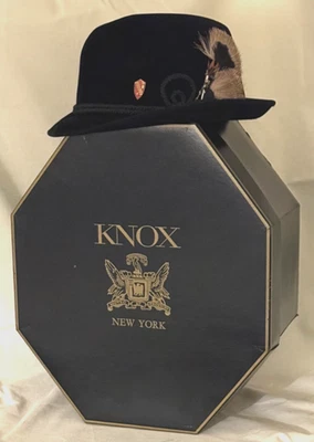 Vtg MEN'S BLK AUSTRIAN STYLE FEDORA sz 7 1/4 ,KNOX,  MINT NEVER WORN COND in BOX - Image 1 of 4