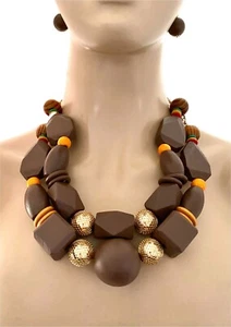 Brown Wooden Beads Chunky Statement Oversize Bib Layered Multistrand Necklace - Picture 1 of 3