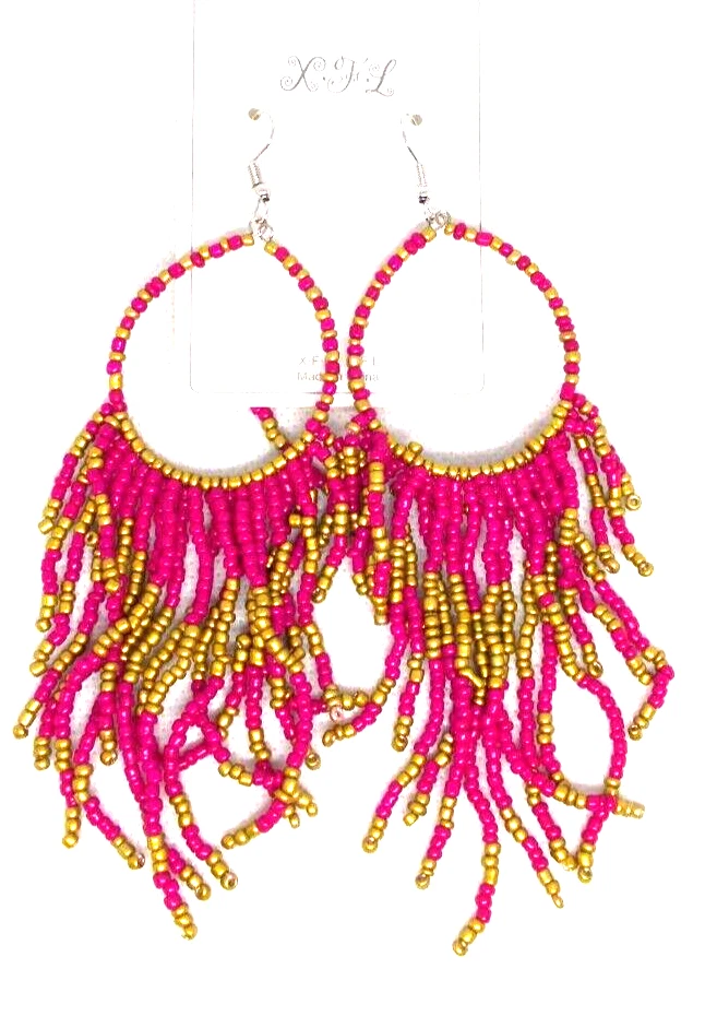 Boho earrings fushia pink gold Seed Bead Beaded Round Hoop Fringe Tassel Long - Image 1 of 1