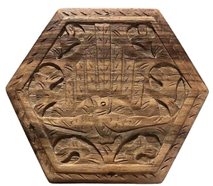 Vintage Hand Carved Bird Teak Wood Hexagon Jewelry Trinket Box 5.5" x 4.5" - Picture 1 of 8