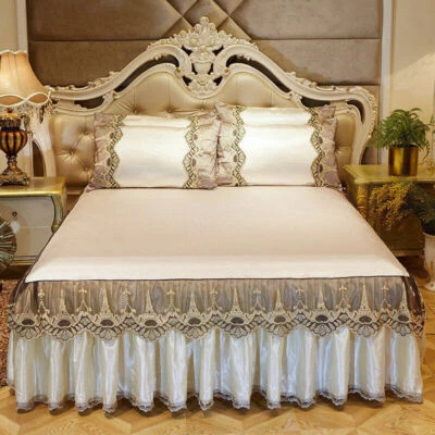 Summer Ice Silk 3pc Lace Bed Skirt European Non-slip Bed cover Soft Sleeping Mat - Image 1 of 4