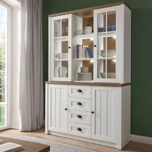 Landhaus Buffetschrank weiß Eiche Buffet LED Vitrinenschrank Esszimmer Highboard - Bild 1 von 9