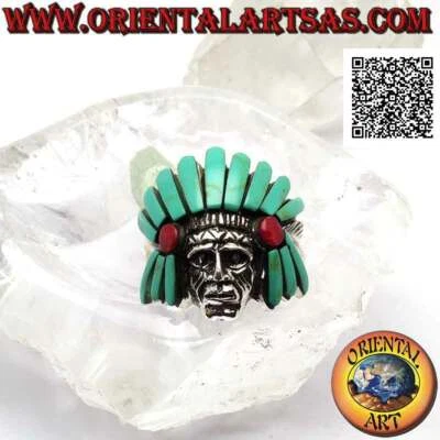 Anello in Argento 925‰ testa del saggio Indiano nativo d'America con copricapo d - Immagine 1 di 4