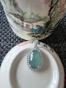 Genuine Nice 4.6ct Icy Green Jadeite Jade(Type A) 925 Silver Pendant with Chain - Picture 1 of 12