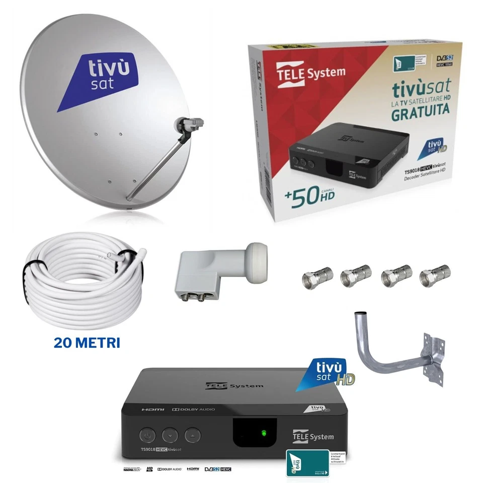 KIT DECODER HD TIVÙSAT + PARABOLA 45CM + LNB+ SUPPORTO + CAVO 20 METRI DI CAVO   - Immagine 1 di 1