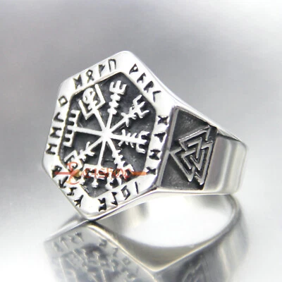 Men Stainless Steel Viking Ring Valknut Vegvisir Pirate Compass Norse Odin Runic - Image 1 of 4