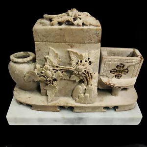Handgeschnitzte chinesische Doppelbox aus Speckstein, Vase, florales Design mit Deckel Marmorsockel - Bild 1 von 23