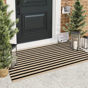 Schwarz und Hellbraun Outdoor Teppich, 2X4,3 Gestreift Haustür Teppich Baumwolle Handgewebt Revers - Bild 1 von 12