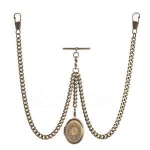 New Bronze Colour Double Albert Pocket Watch Fob Chain With Pendant - Picture 1 of 7